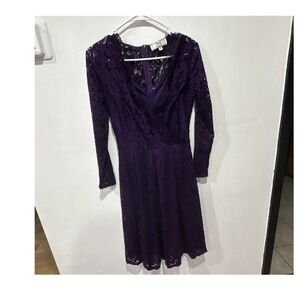 Miss May S Purple Floral Lace V-Neck Long Sleeve Fit & Flare Knee Dress